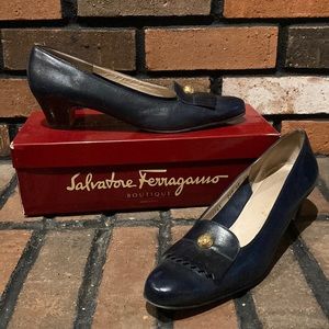 Salvatore Ferragamo Vintage 90’s Navy Fringed Pumps Size 10 Narrow With Box